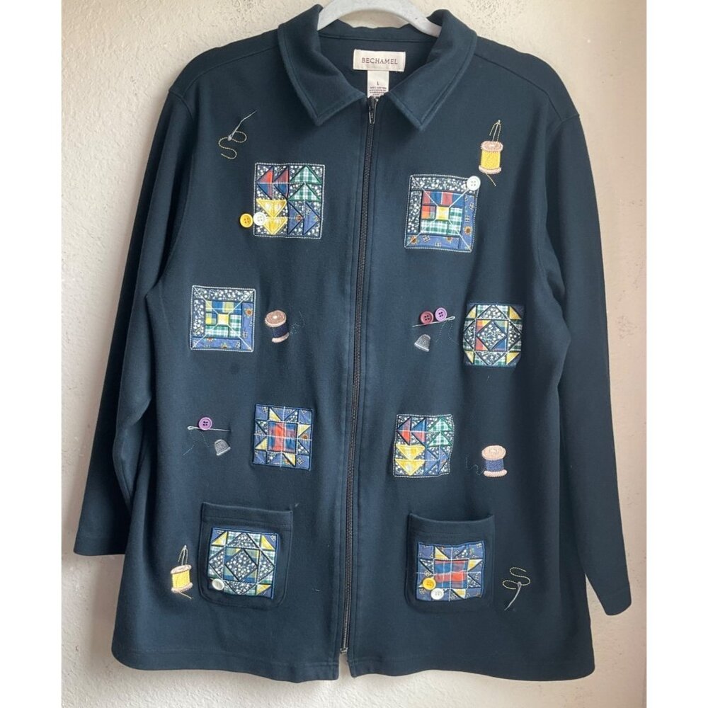 VTG Bechamel Sz Large Zip Up Jacket Patchwork Embroidered Sewing Quilt P…